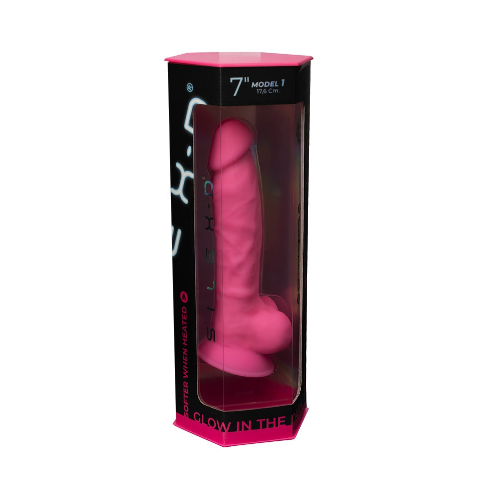 SilexD 7 inch Glow in the Dark Realistic Silicone Dual Density Dildo with Suction Cup and Balls Pink